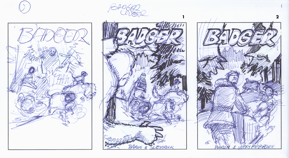 badger comic, comic book cover thumbnails, jeff slemons, layouts