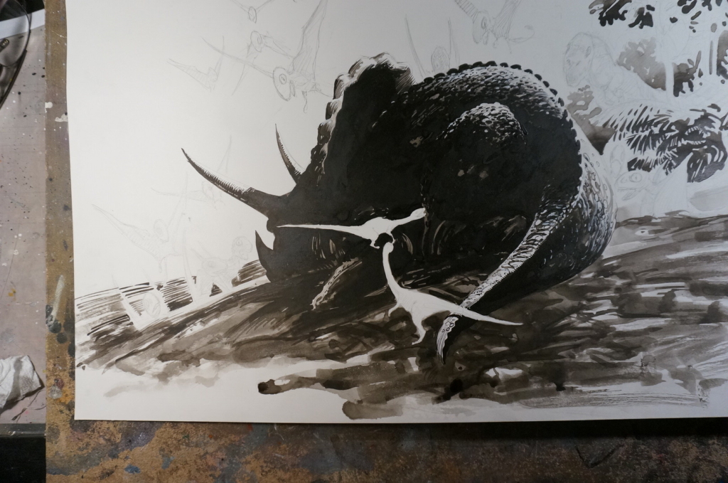 dinosaur, triceratops, dinosaurs, pen and ink, illustration, comic art, jeff slemons