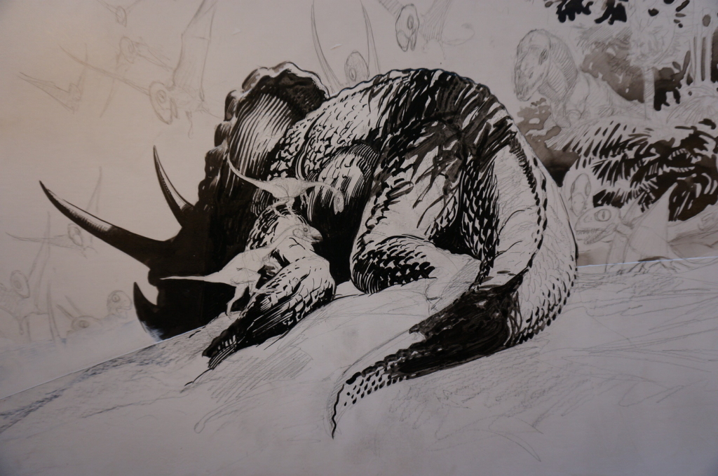 dinosaur, triceratops, dinosaurs, pen and ink, ink wash, illustration, comic art, jeff slemons