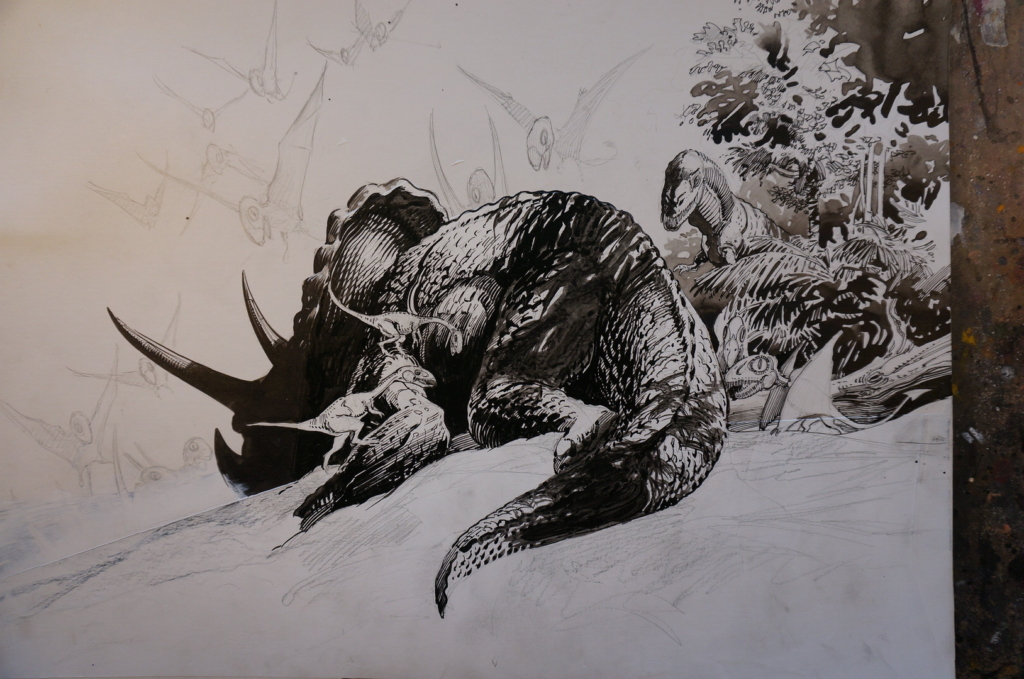 dinosaur, triceratops, dinosaurs, pen and ink, ink wash, illustration, comic art, jeff slemons