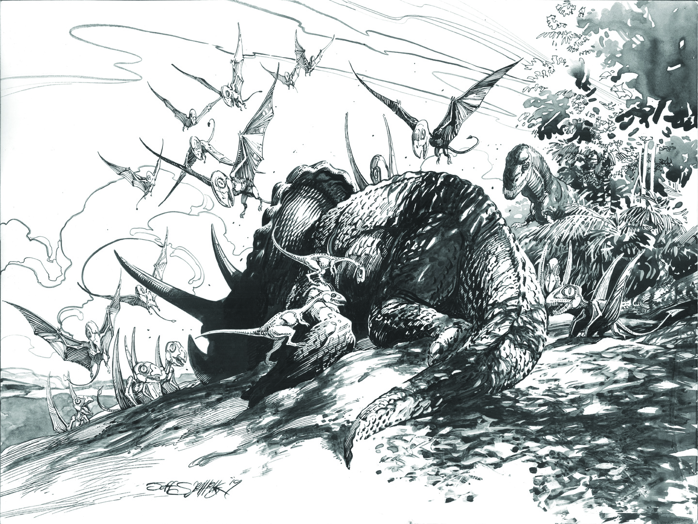 dinosaur, triceratops, dinosaurs, pen and ink, illustration, comic art, jeff slemons