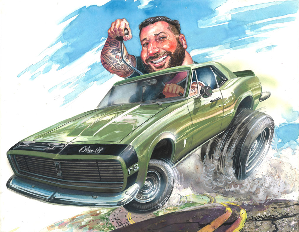 '67 chevy camaro, caricature, toon up, muscle car, hot rod, full color illustration, jeff slemons