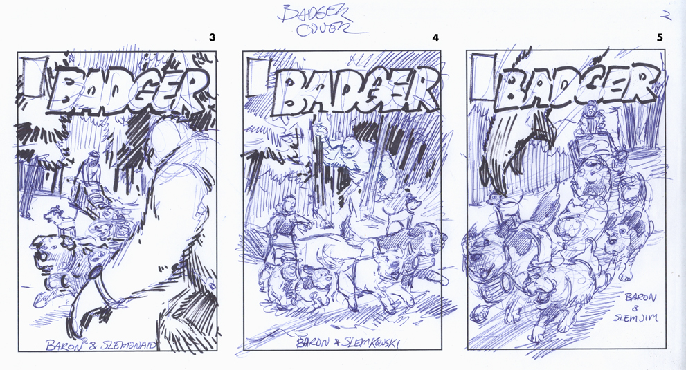 badger comic, comic book cover thumbnails, jeff slemons, layouts