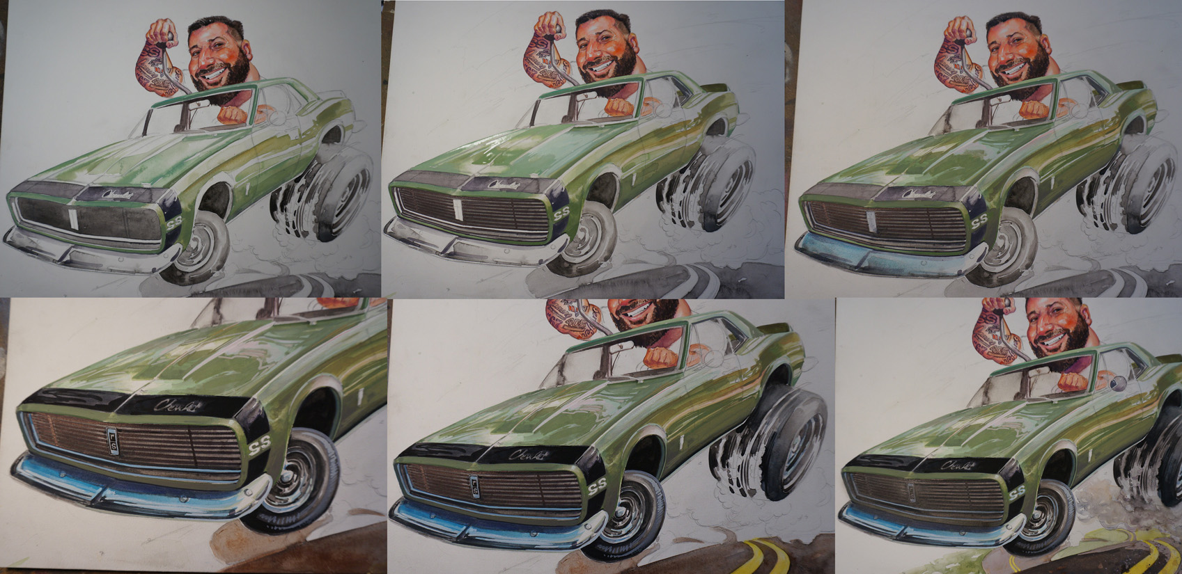 '67 chevy camaro, caricature, toon up, muscle car, hot rod, full color illustration, jeff slemons